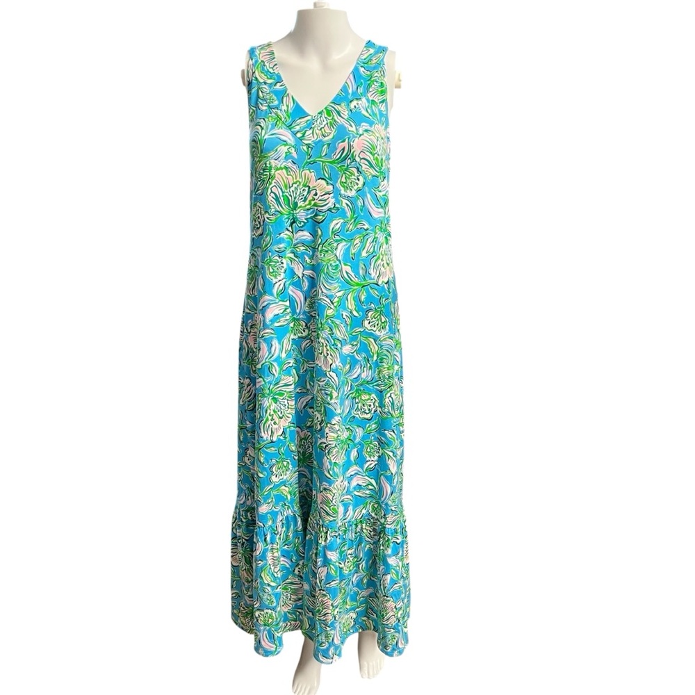 Lilly Pulitzer Blue and Green Floral Maxi Dress Sz MD